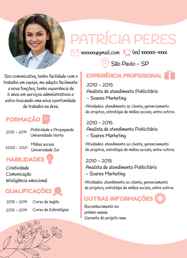 Modelo de Currículo com Foto Rosa para Editar Online Modelo de Currículo com Foto Rosa para Editar Online