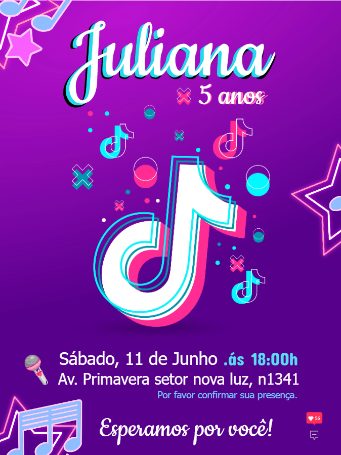 Convite de Aniversário Tik Tok com Tema Musical para Editar