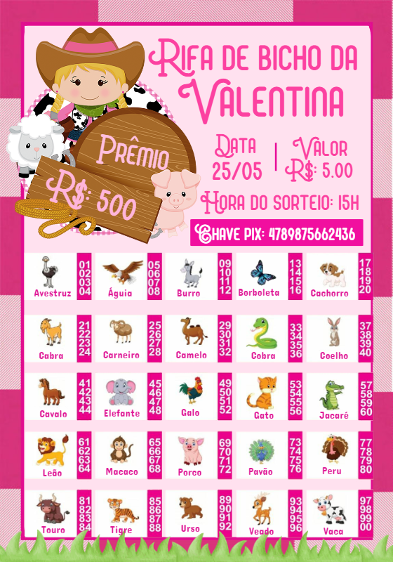 Rifa de Bicho Fazendinha Menina para Editar e Imprimir Rifa de Bicho Fazendinha Menina para Editar e Imprimir