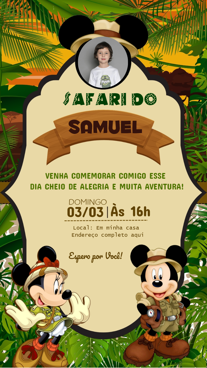 Convite Aniversário Safari do Mickey com Foto para Editar Online Convite Aniversário Safari do Mickey com Foto para Editar Online