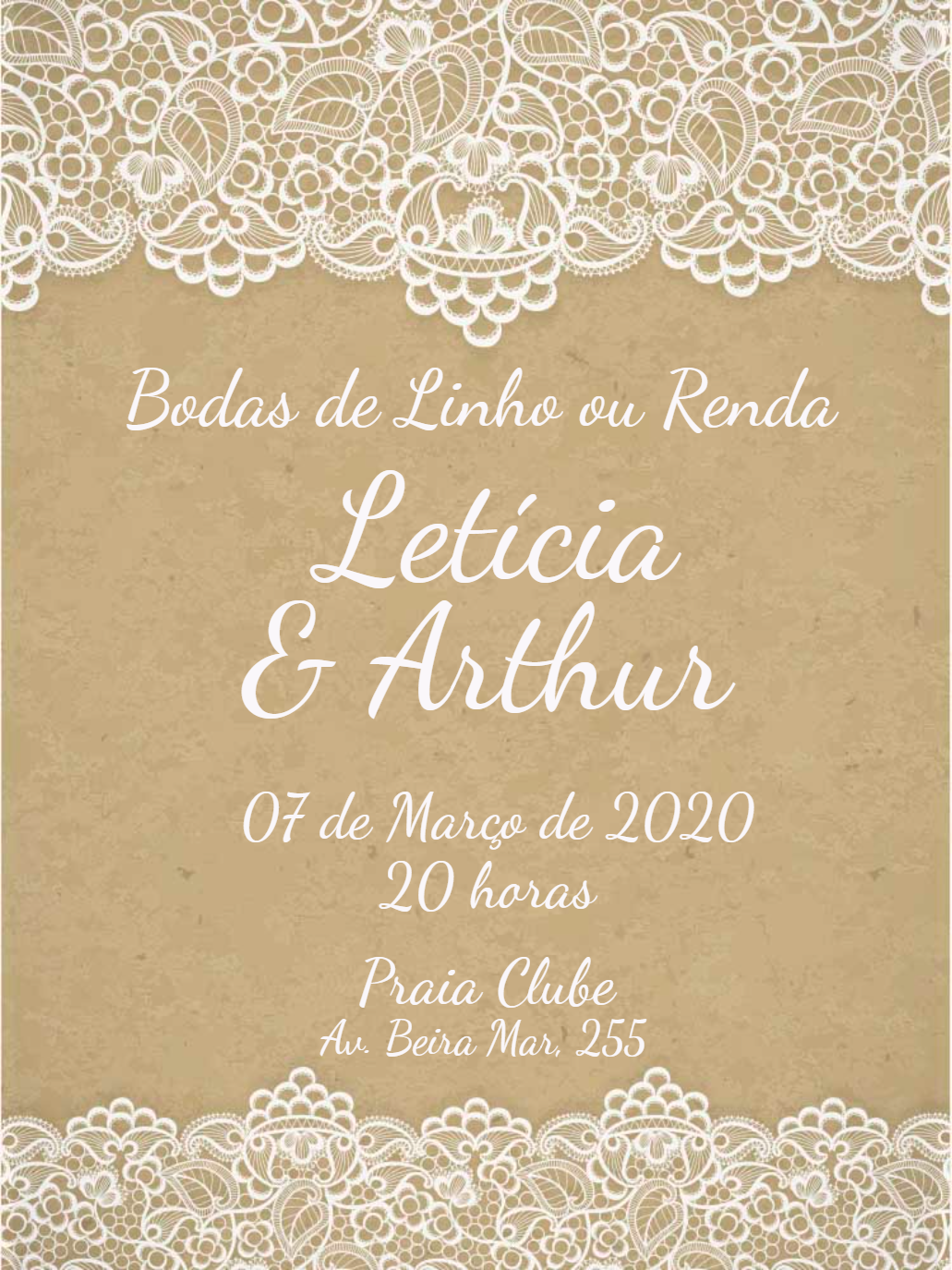 Convite Bodas de Linho ou Renda Rústico para Editar Online