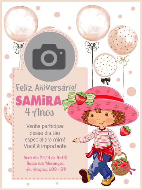 Convite Aniversário Moranguinho com Foto para Editar Online