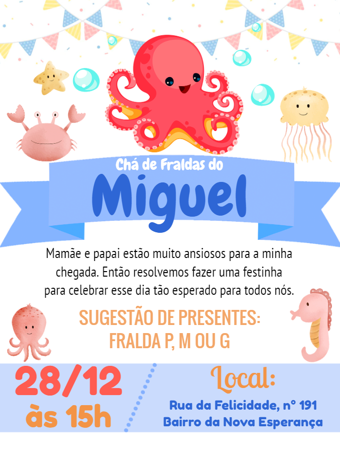 Convite Chá de Fraldas Fundo do Mar para Editar Online Convite Chá de Fraldas Fundo do Mar para Editar Online