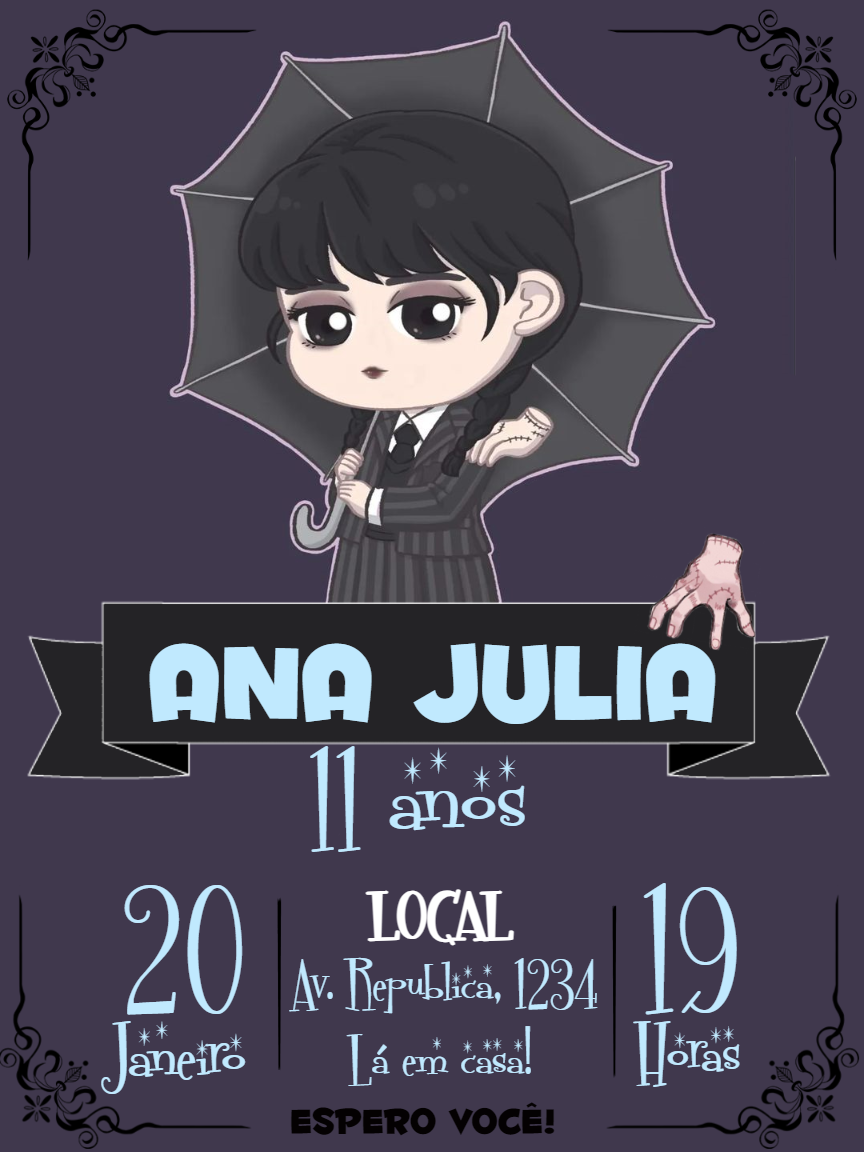 Convite de Aniversário Wandinha Addams para Editar Online Convite de Aniversário Wandinha Addams para Editar Online