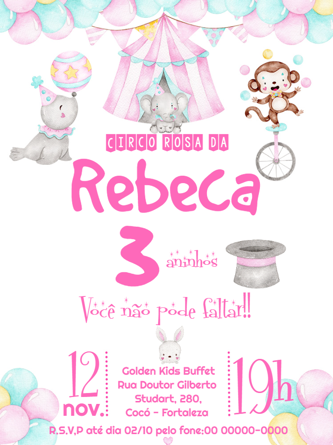 Convite de Aniversário Circo Rosa com Animais para Editar Convite de Aniversário Circo Rosa com Animais para Editar