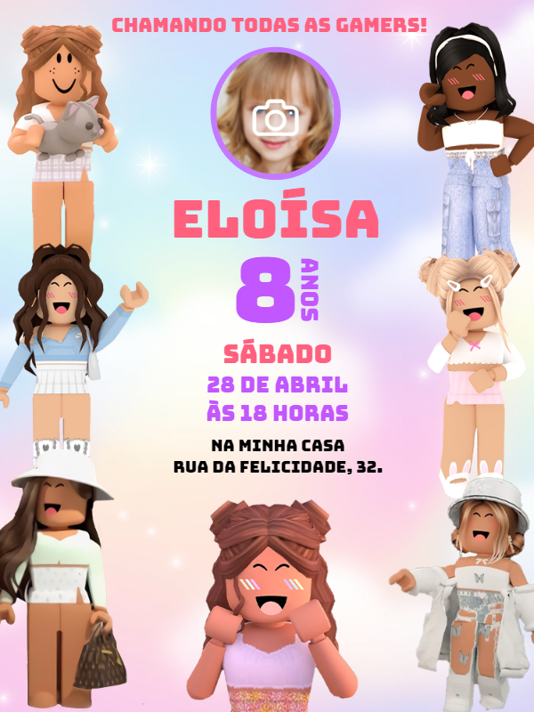 Convite Aniversário Roblox Menina com Foto para Editar Online Convite Aniversário Roblox Menina com Foto para Editar Online