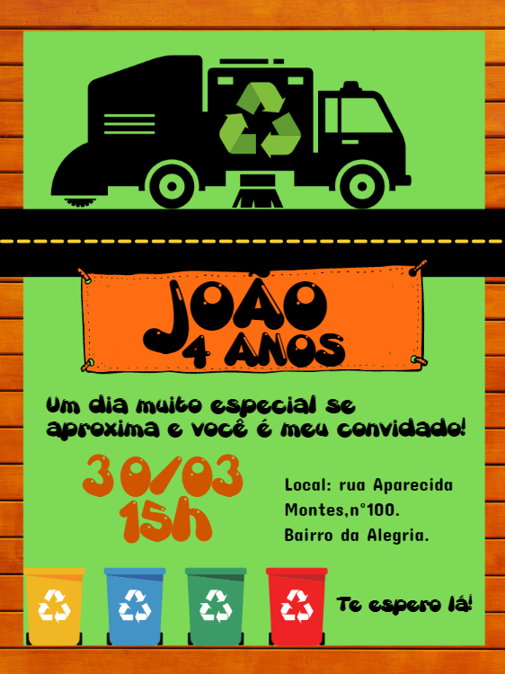 Convite de Aniversário Caminhão de Lixo para Editar Online Convite de Aniversário Caminhão de Lixo para Editar Online