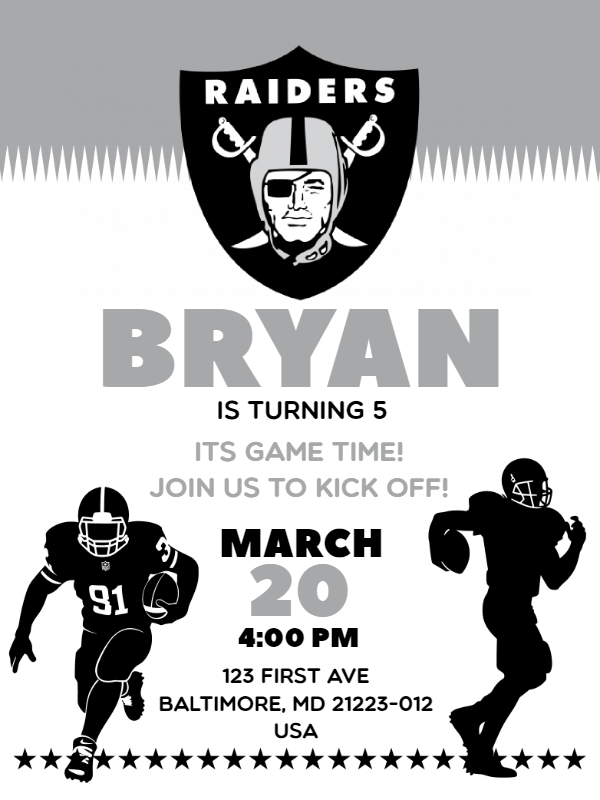 Raiders Football Birthday Invitation to Edit Online Raiders Football Birthday Invitation to Edit Online