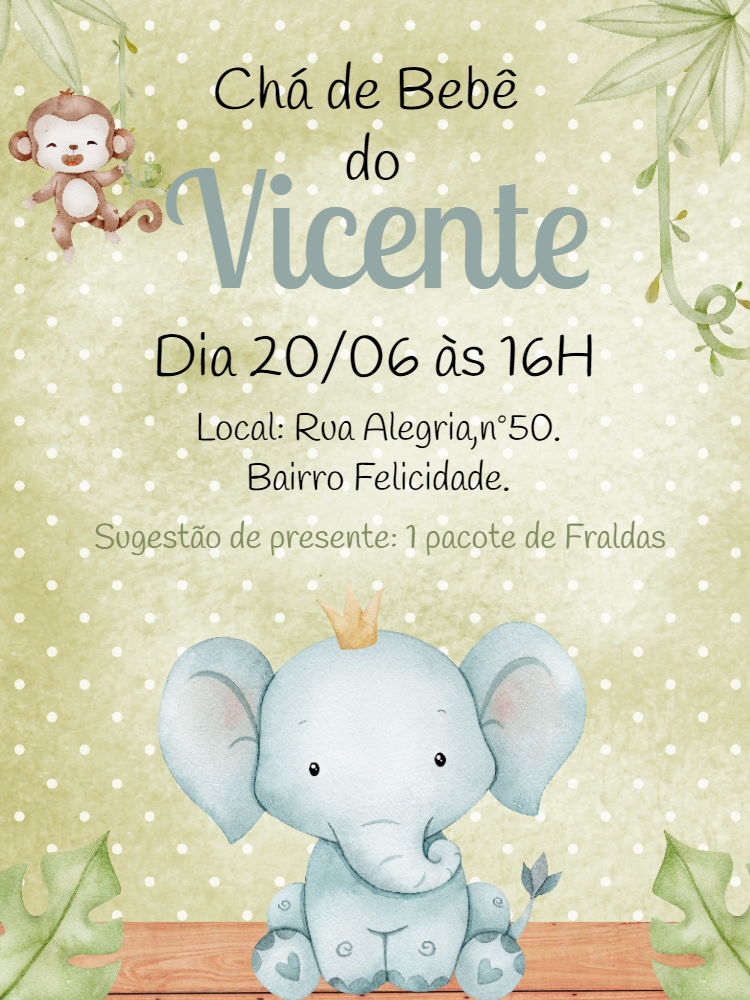 Convite Chá de Bebê Elefantinho Safari Editável Online Convite Chá de Bebê Elefantinho Safari Editável Online