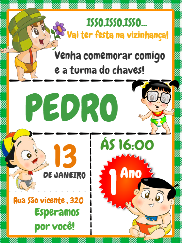 Convite Aniversário Chaves Baby para Editar Online Convite Aniversário Chaves Baby para Editar Online