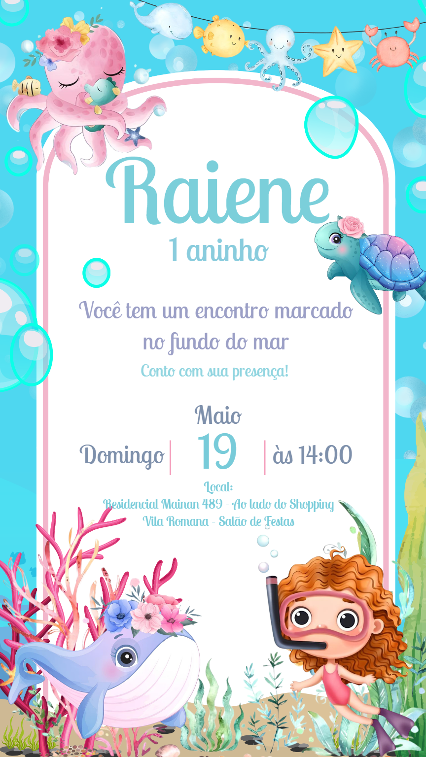 Convite Aniversário Fundo do Mar Menina para Editar Online Convite Aniversário Fundo do Mar Menina para Editar Online