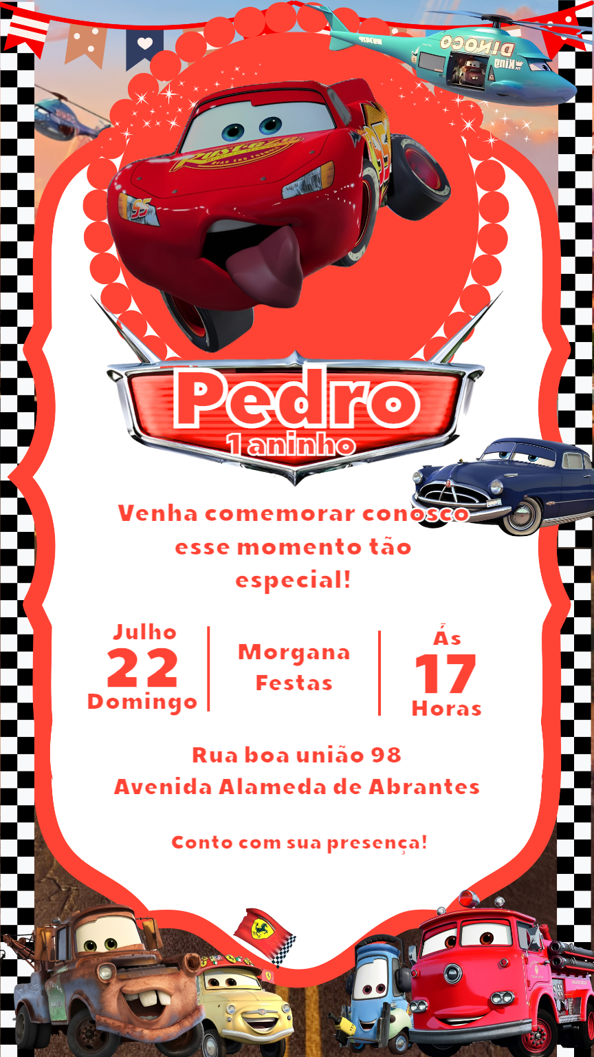 Convite de Aniversário Carros Relâmpago McQueen para Editar Convite de Aniversário Carros Relâmpago McQueen para Editar