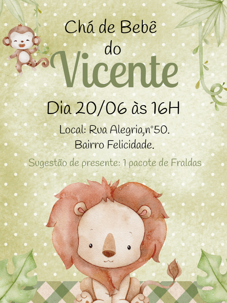 Convite Chá de Bebê Leãozinho Safari para Editar Online Convite Chá de Bebê Leãozinho Safari para Editar Online