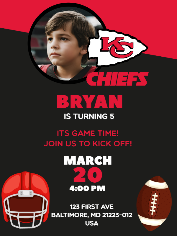 Editable Chiefs Football Birthday Invitation with Photo Editable Chiefs Football Birthday Invitation with Photo