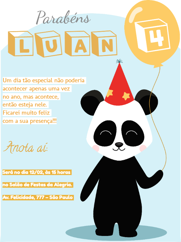 Convite de Aniversário Panda Fofo para Editar Online Convite de Aniversário Panda Fofo para Editar Online