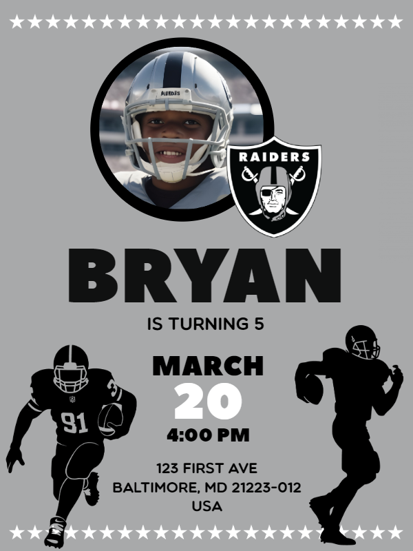 Editable Raiders Football Birthday Invitation with Photo Editable Raiders Football Birthday Invitation with Photo