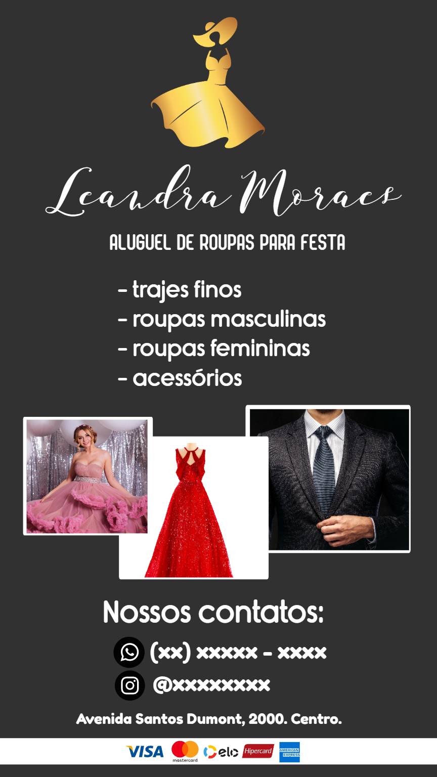 Cartão de Visita Editável para Aluguel de Roupas de Festa Cartão de Visita Editável para Aluguel de Roupas de Festa
