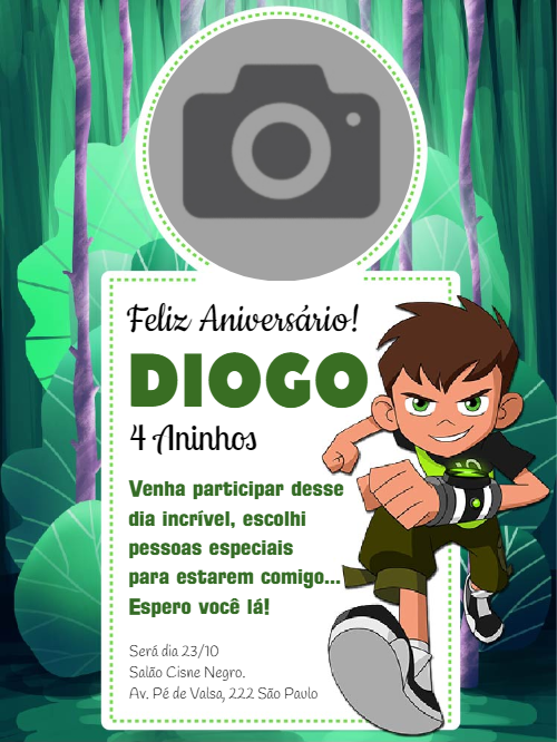 Convite de Aniversário Ben 10 com Foto para Editar Online Convite de Aniversário Ben 10 com Foto para Editar Online