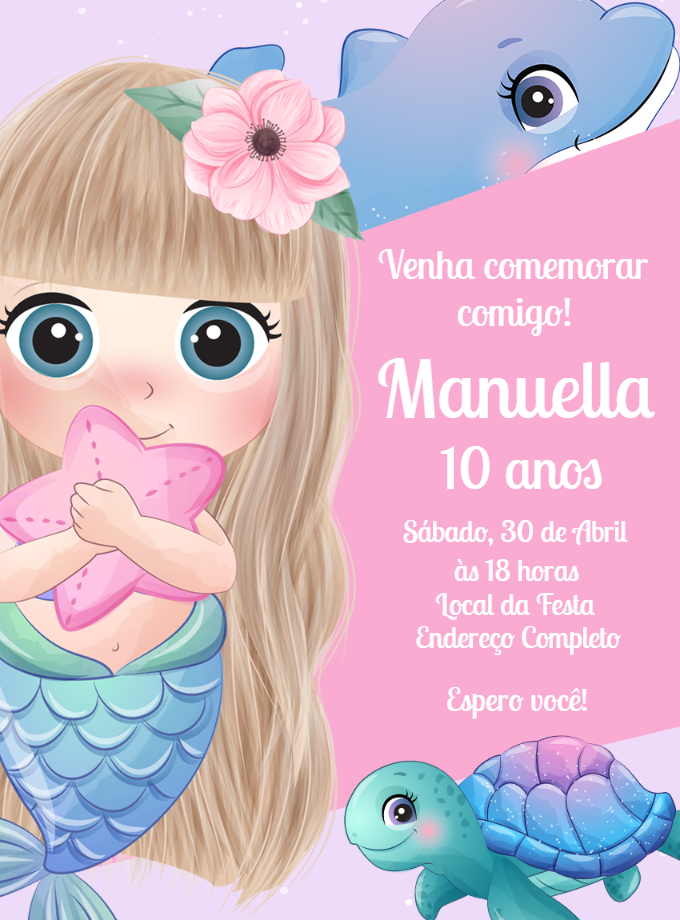 Convite de Aniversário Sereia Fofa para Editar Online Convite de Aniversário Sereia Fofa para Editar Online