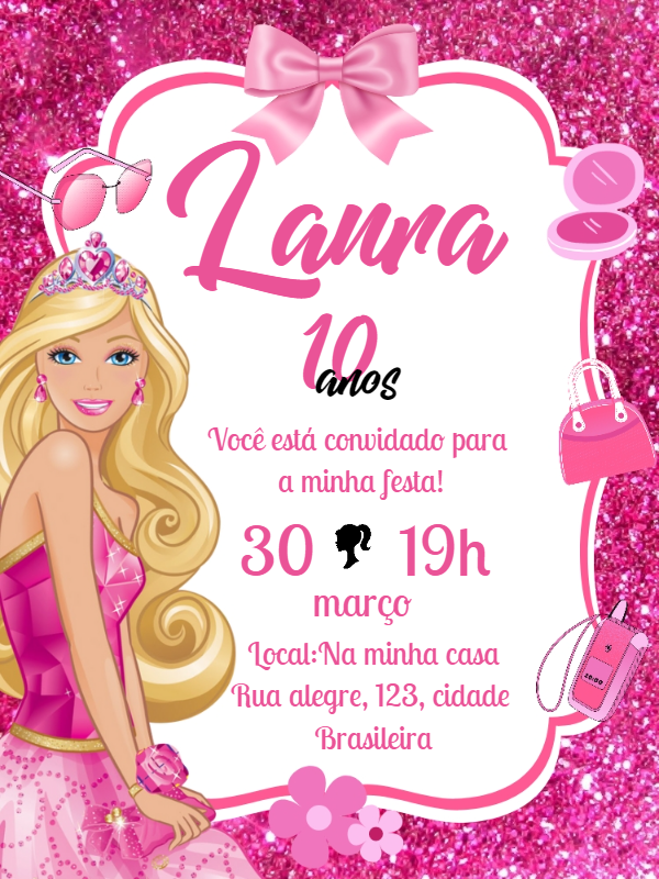 Convite de Aniversário Barbie com Brilho para Editar Online Convite de Aniversário Barbie com Brilho para Editar Online