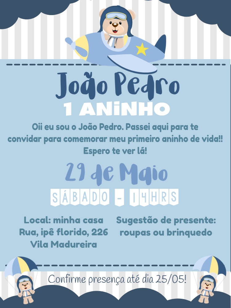 Convite Aniversário Ursinho Aviador para Editar Online Convite Aniversário Ursinho Aviador para Editar Online