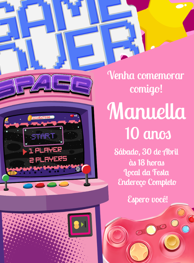 Convite Aniversário Gamer Menina com Video Game para Editar Convite Aniversário Gamer Menina com Video Game para Editar