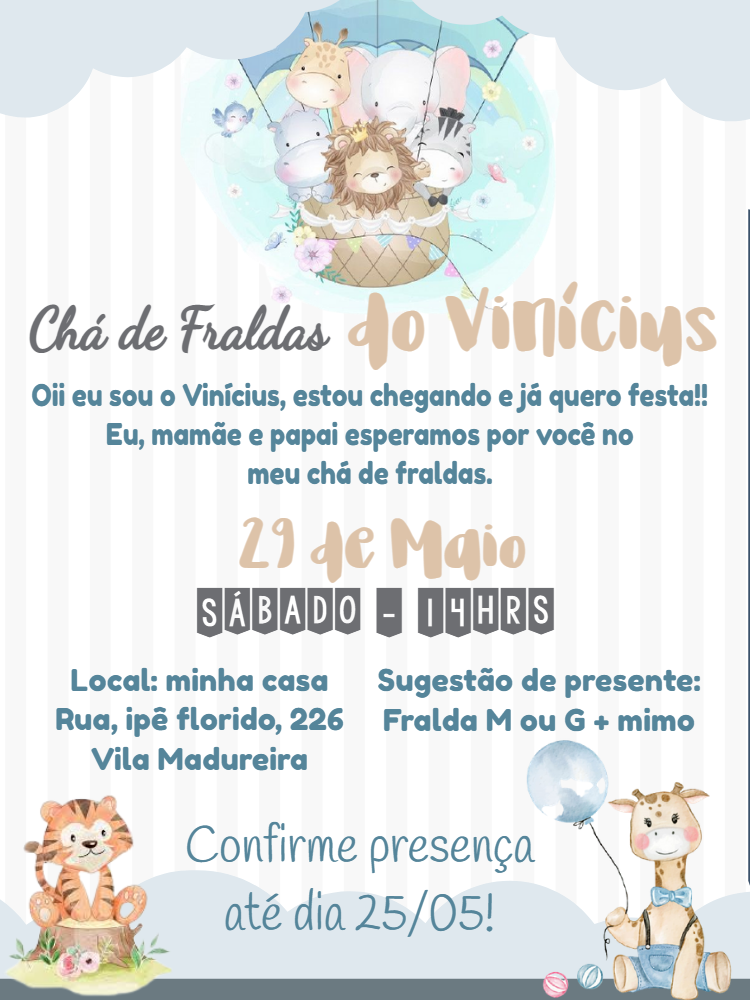 Convite Chá de Bebê Safari com Animais Fofos para Editar Online Convite Chá de Bebê Safari com Animais Fofos para Editar Online