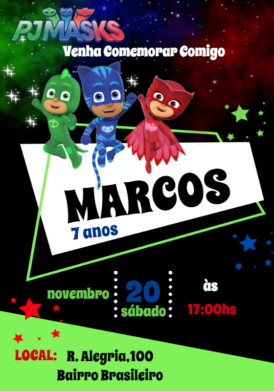 Convite de Aniversário PJ Masks com Heróis para Editar Online Convite de Aniversário PJ Masks com Heróis para Editar Online