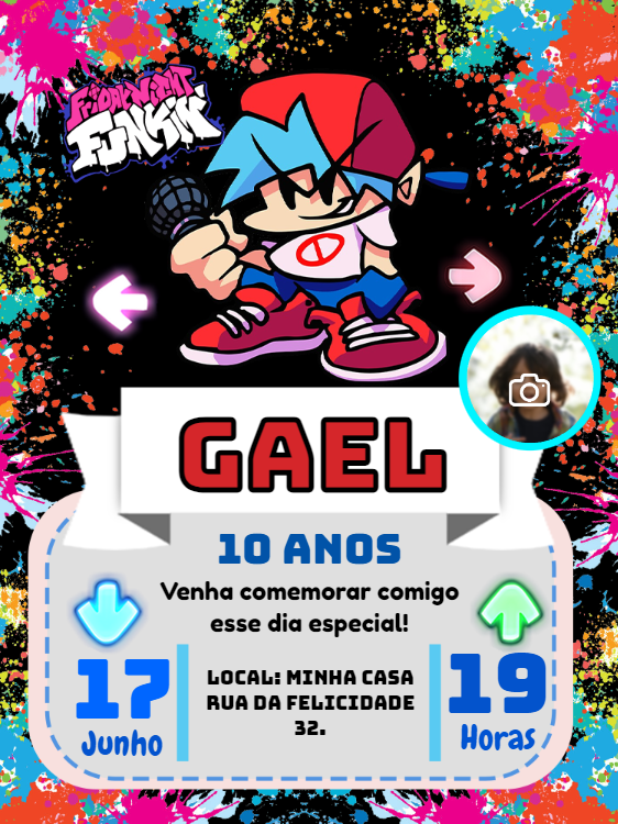 Convite de Aniversário Friday Night Funkin com Foto para Editar Convite de Aniversário Friday Night Funkin com Foto para Editar