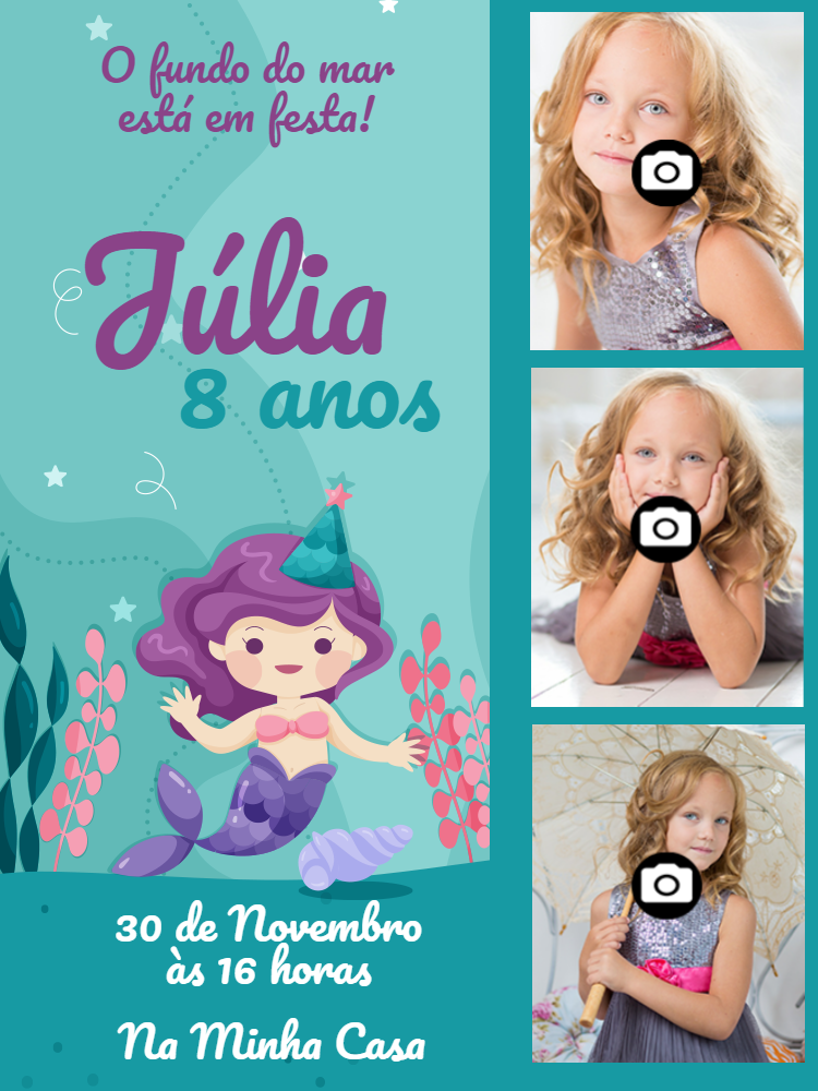 Convite de Aniversário Sereia com Fotos para Editar Online Convite de Aniversário Sereia com Fotos para Editar Online