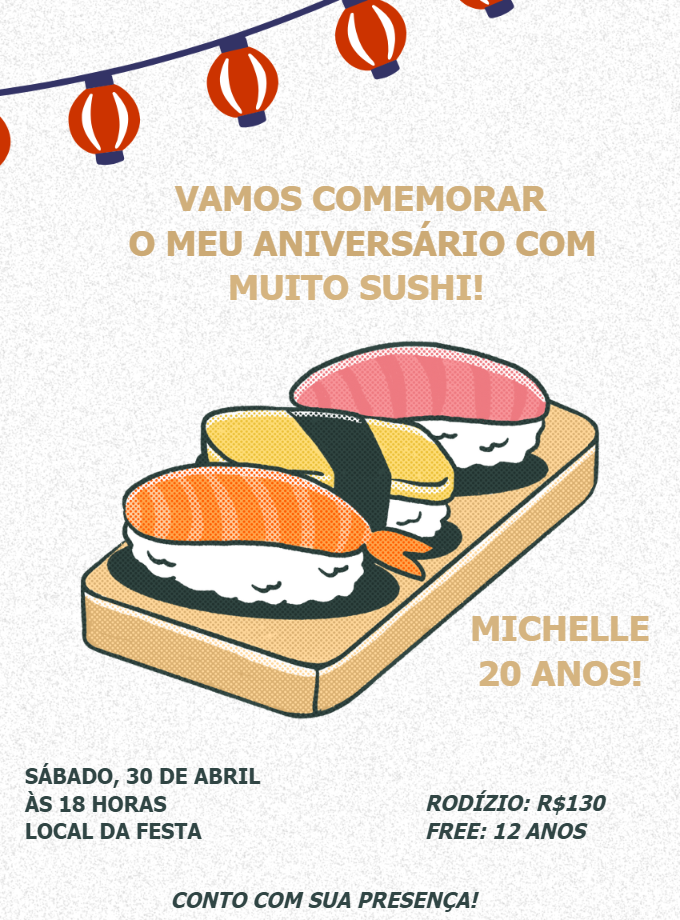 Convite de Aniversário Sushi para Editar e Imprimir Convite de Aniversário Sushi para Editar e Imprimir