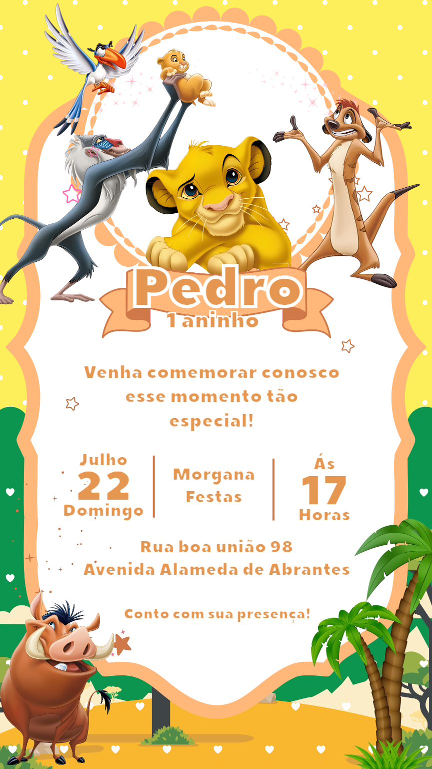 Convite de Aniversário Rei Leão com Personagens para Editar Convite de Aniversário Rei Leão com Personagens para Editar