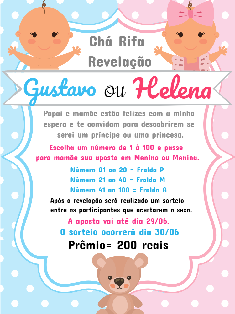Convite Chá Rifa Revelação Menino ou Menina para Editar Convite Chá Rifa Revelação Menino ou Menina para Editar