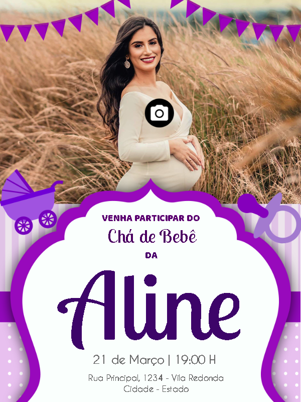 Convite de Chá de Bebê Roxo com Foto para Editar Online Convite de Chá de Bebê Roxo com Foto para Editar Online