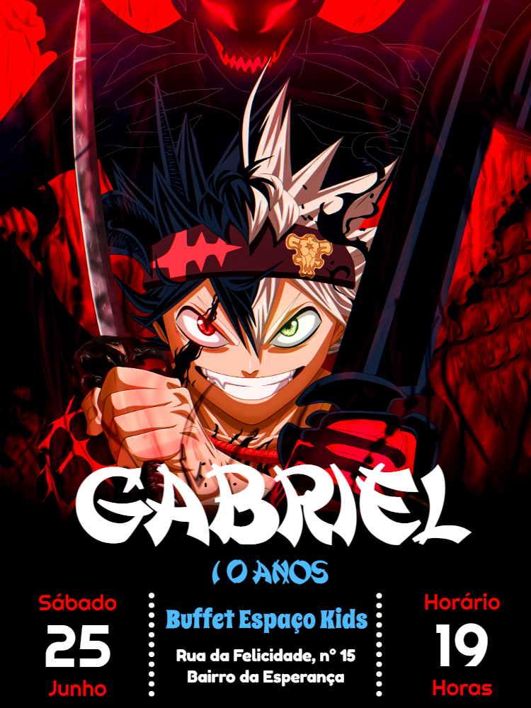 Convite de Aniversário Black Clover com Asta para Editar Online