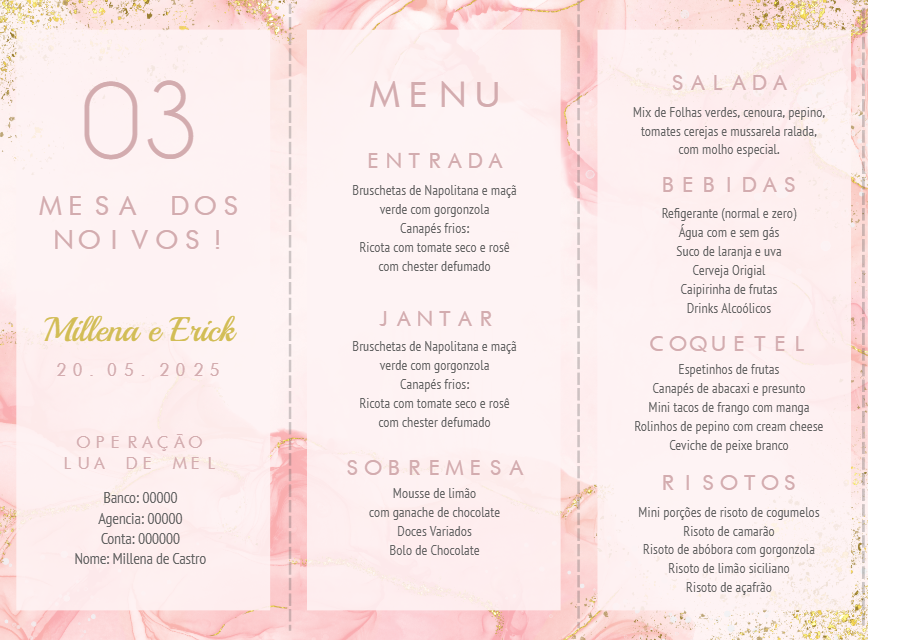 Menu de Casamento Mármore Rosa Editável Online Menu de Casamento Mármore Rosa Editável Online