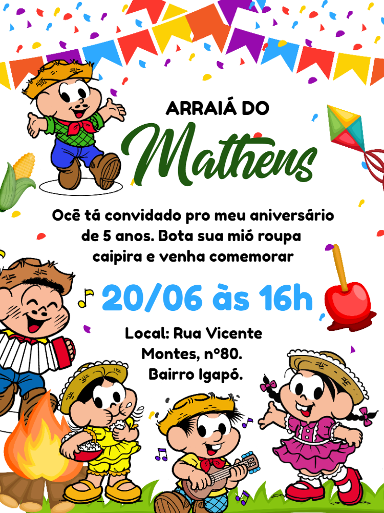 Convite de Aniversário Arraiá Turma da Mônica para Editar Online Convite de Aniversário Arraiá Turma da Mônica para Editar Online