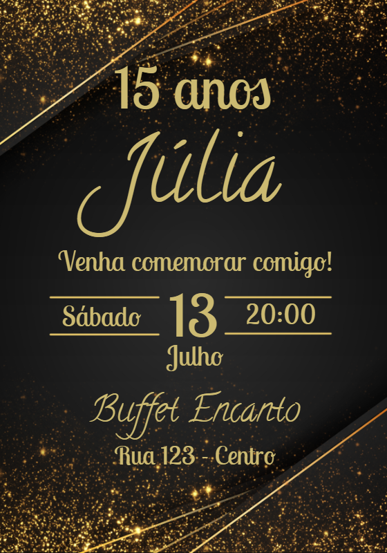 Convite 15 anos Dourado e Preto Elegante para Editar Online Convite 15 anos Dourado e Preto Elegante para Editar Online