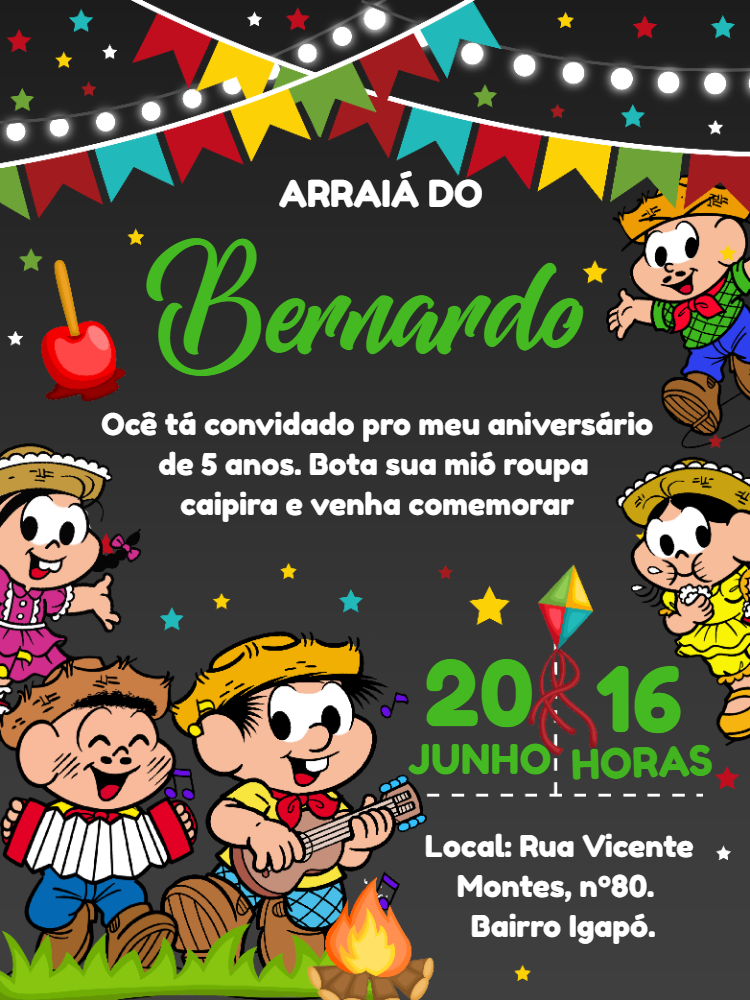 Convite de Aniversário Arraiá Turma da Mônica para Editar Convite de Aniversário Arraiá Turma da Mônica para Editar