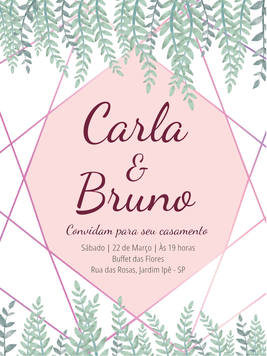 Convite de Casamento Geométrico com Folhas para Editar Online Convite de Casamento Geométrico com Folhas para Editar Online