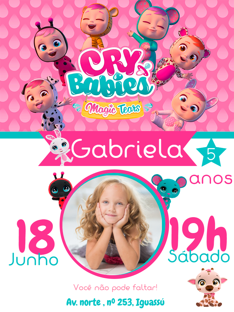Convite Aniversário Cry Babies com Foto para Editar Online Convite Aniversário Cry Babies com Foto para Editar Online