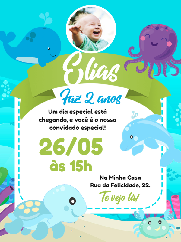 Convite Aniversário Fundo do Mar com Foto para Editar Online Convite Aniversário Fundo do Mar com Foto para Editar Online
