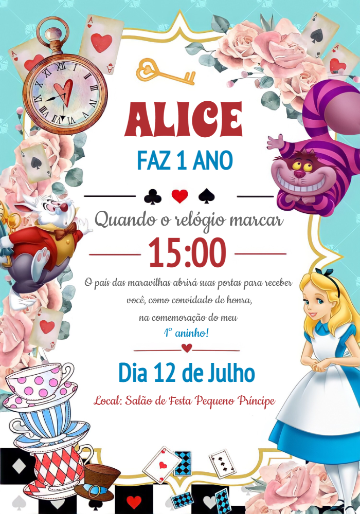Convite Aniversário Alice no País das Maravilhas para Editar Convite Aniversário Alice no País das Maravilhas para Editar