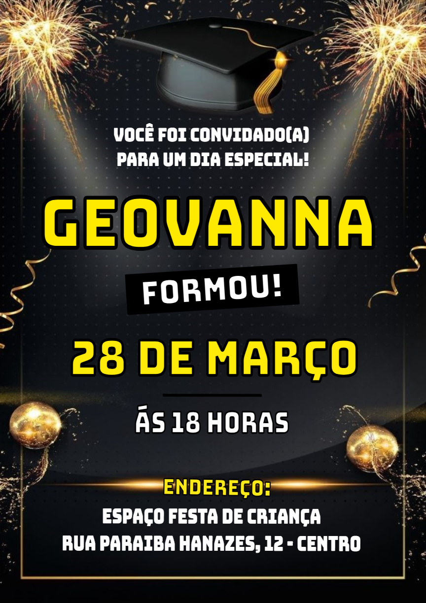 Convite de Formatura Elegante Preto e Dourado para Editar Online