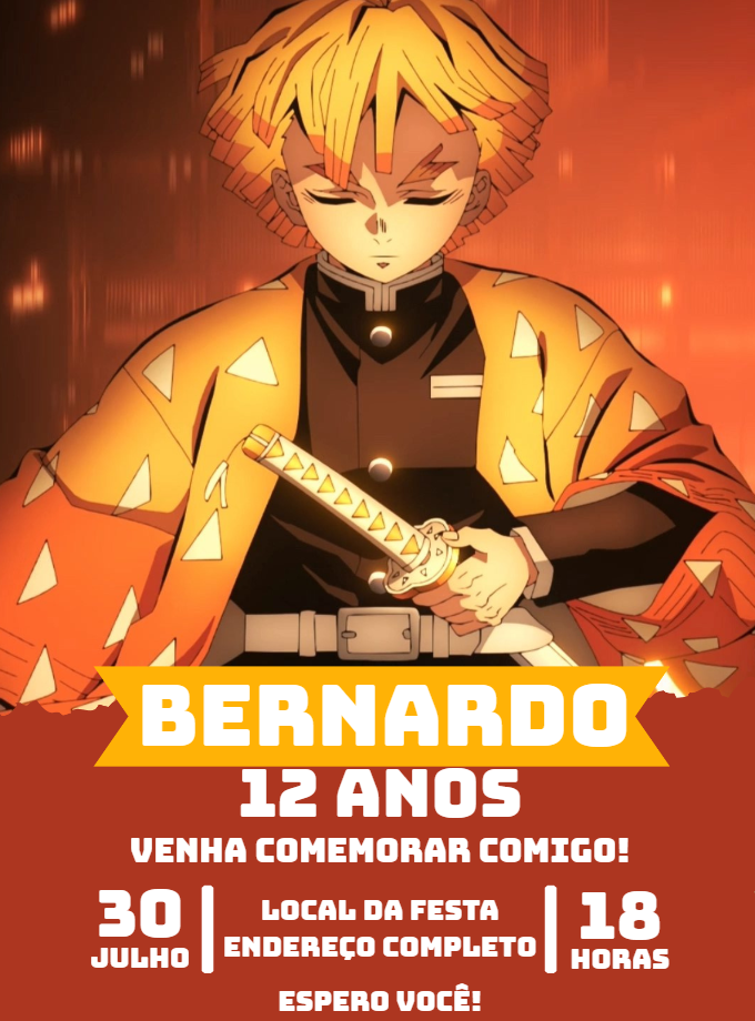 Convite Aniversário Zenitsu Demon Slayer para Editar Online Convite Aniversário Zenitsu Demon Slayer para Editar Online