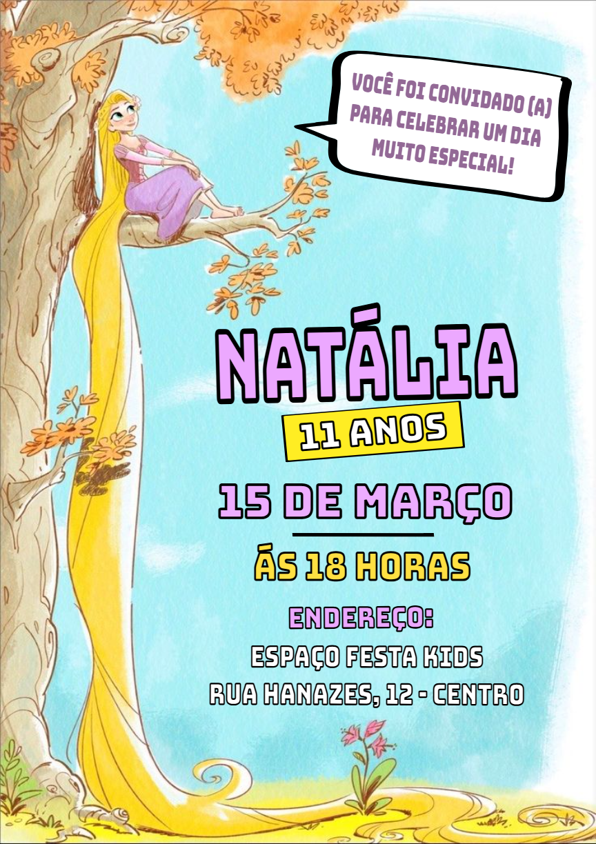 Convite de Aniversário Rapunzel para Editar Online e Imprimir Convite de Aniversário Rapunzel para Editar Online e Imprimir