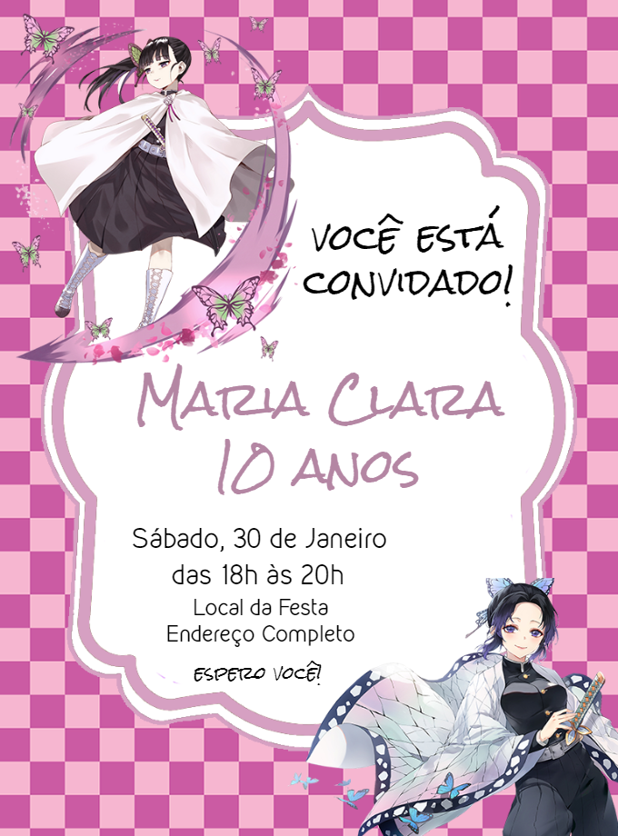 Convite Aniversário Demon Slayer Shinobu para Editar Online Convite Aniversário Demon Slayer Shinobu para Editar Online