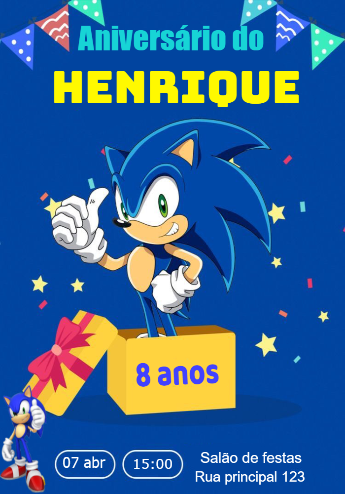 Convite de Aniversário Sonic Editável para Imprimir Online Convite de Aniversário Sonic Editável para Imprimir Online