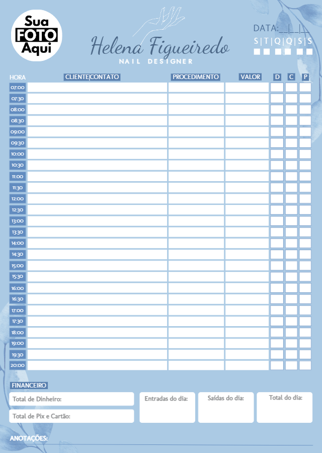 Folha de Agendamento Nail Designer Editável Online Folha de Agendamento Nail Designer Editável Online