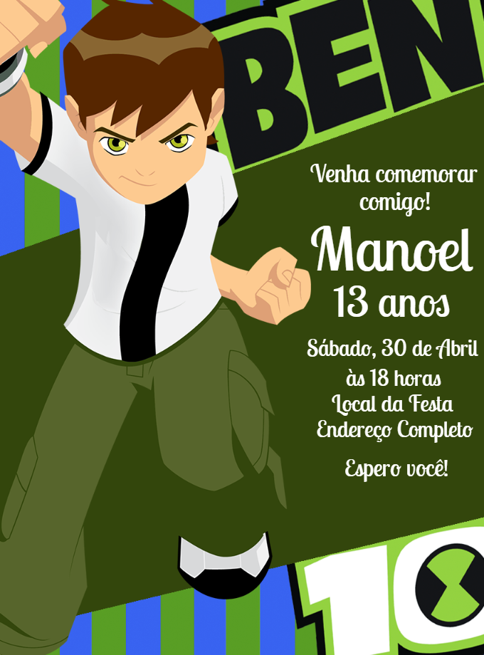 Convite Aniversário Ben 10 para Editar e Enviar Online